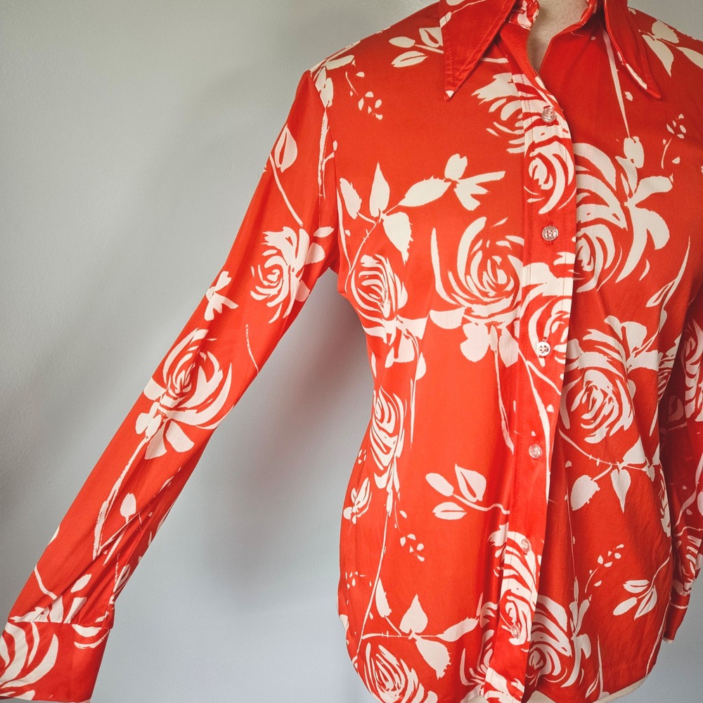 Vera Neumann Vintage 70s Orange Red White Rose Floral Dagger Collar Blouse M - Picture 4 of 8